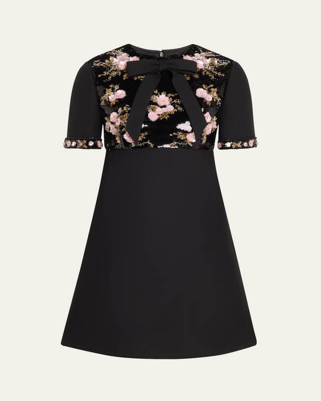 Floral Sequined Bow-Neck Mini Dress